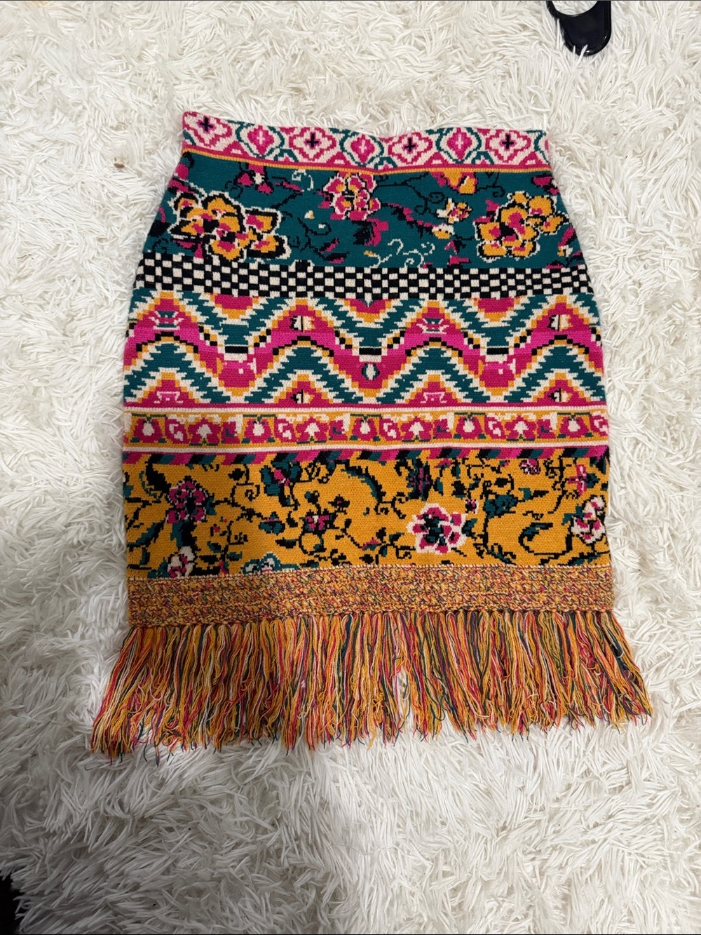 Anthropologie patterned fringe skirt